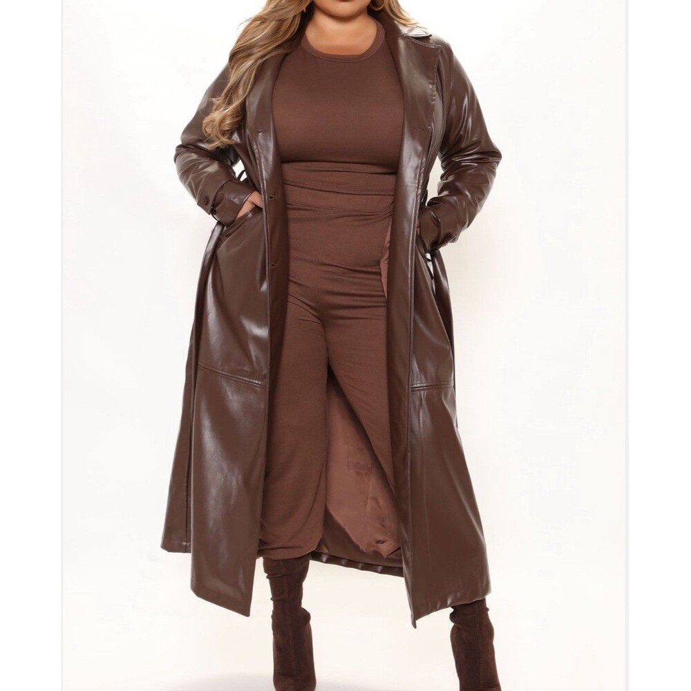 Fashion Nova Brown Faux Leather Trench Coat Women’s XL Long Belted